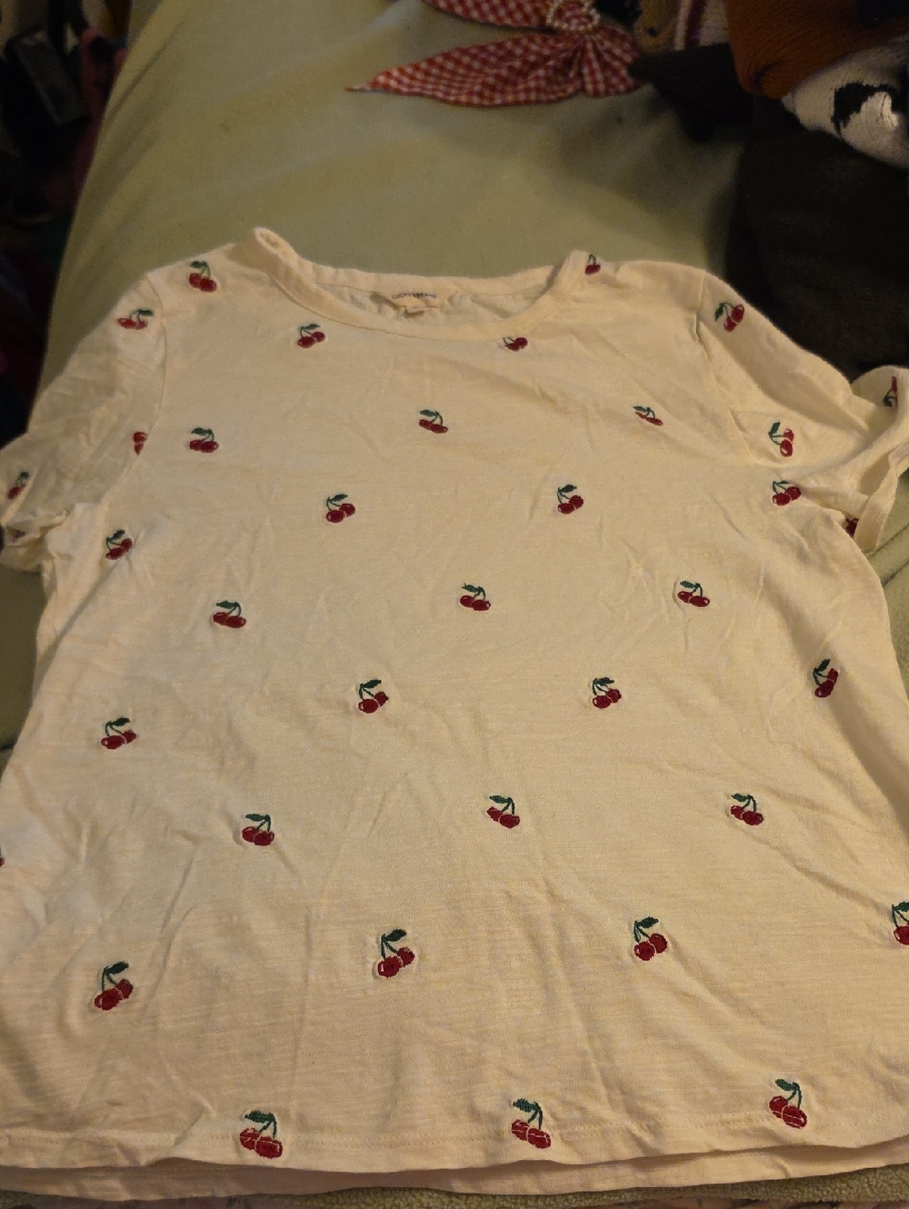Lucky Brand White Tee with Red Cherry Embroidery